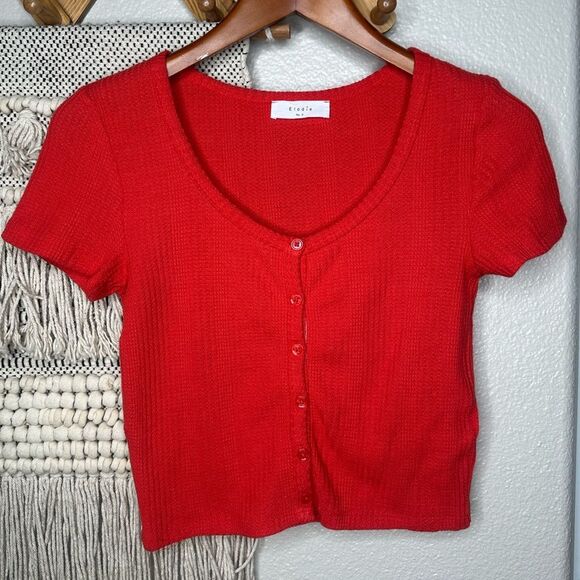Elodie Red Waffle Knit Henley Top - Picture 1 of 5